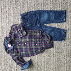 Set of Carter's jeans and flannel long sleeve onsie, size 12m
